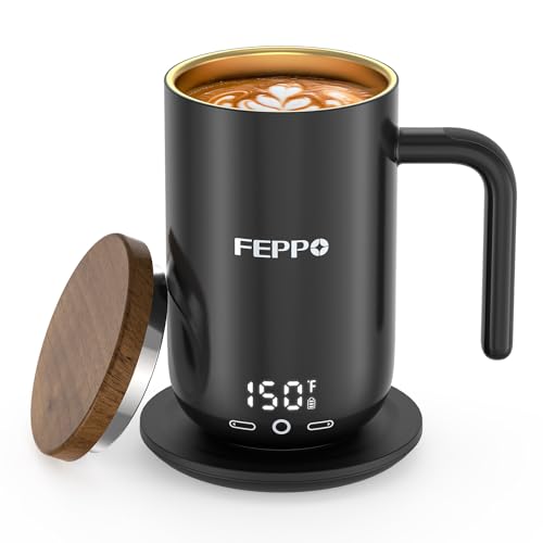 FEPPO Coffee Mug Warmer, 16oz Heated Coffee Mug with Titanium Coating | Real-Time Digital Display, Built-in 2600mAh Batt